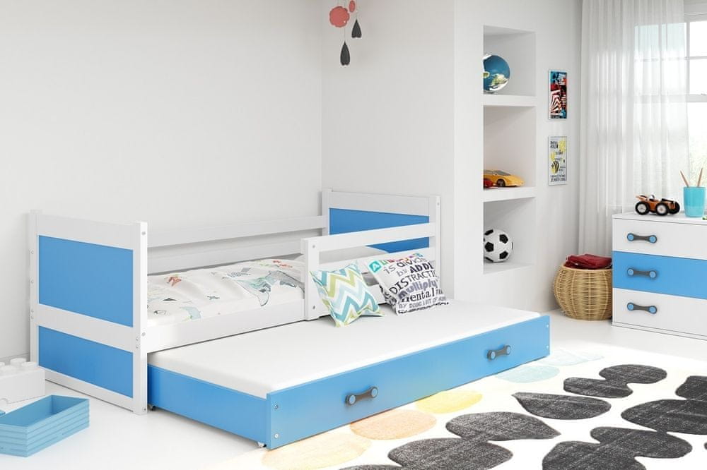 eoshop Detská posteľ Rico - 2 osoby, 80x190 s výsuvnou prístelkou - Biela, Modrá